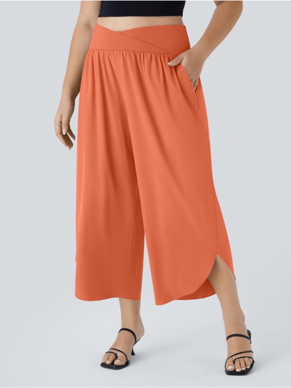 HALARA Cropped Wide-Leg Tulip Hem Pants in Coral Orange